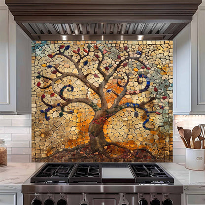 Kitchen with a decorative mosaic backsplash above a stove