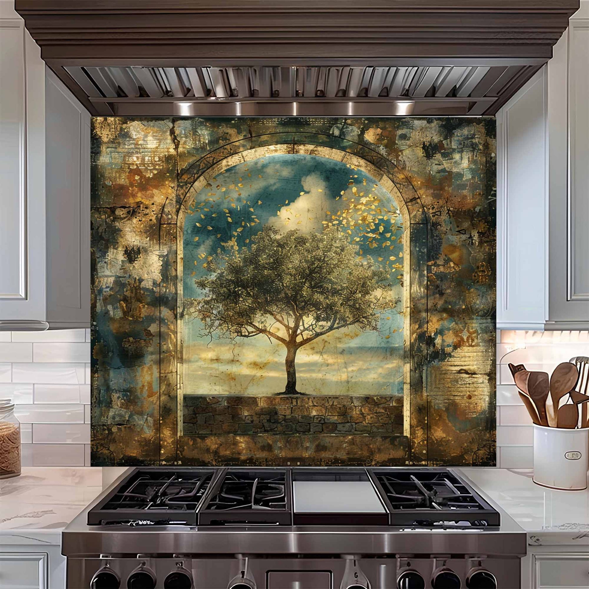 Kitchen stove with a decorative backsplash featuring an arch and tree