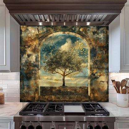 Kitchen stove with a decorative backsplash featuring an arch and tree
