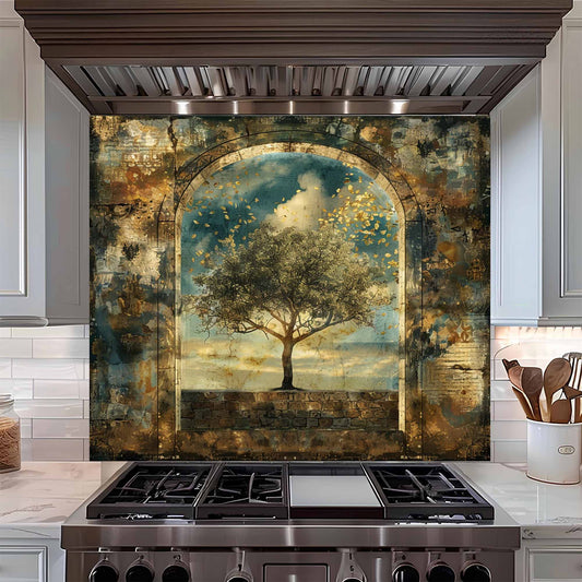 Kitchen stove with a decorative backsplash featuring an arch and tree