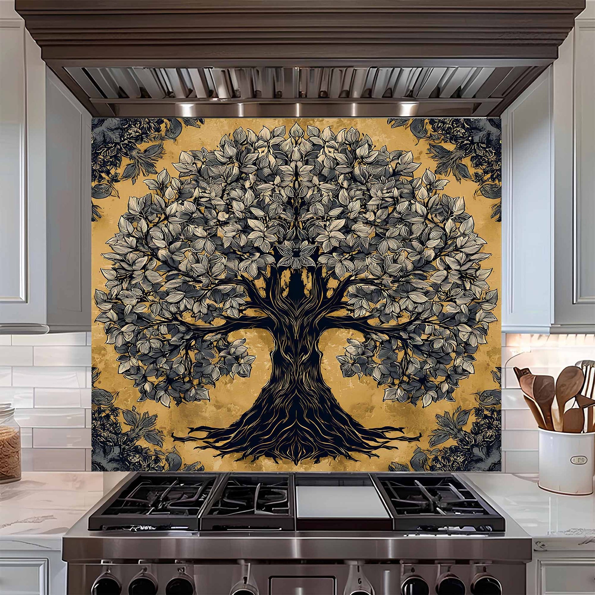 Decorative wall mural with a tree design above a stove in a kitchen.