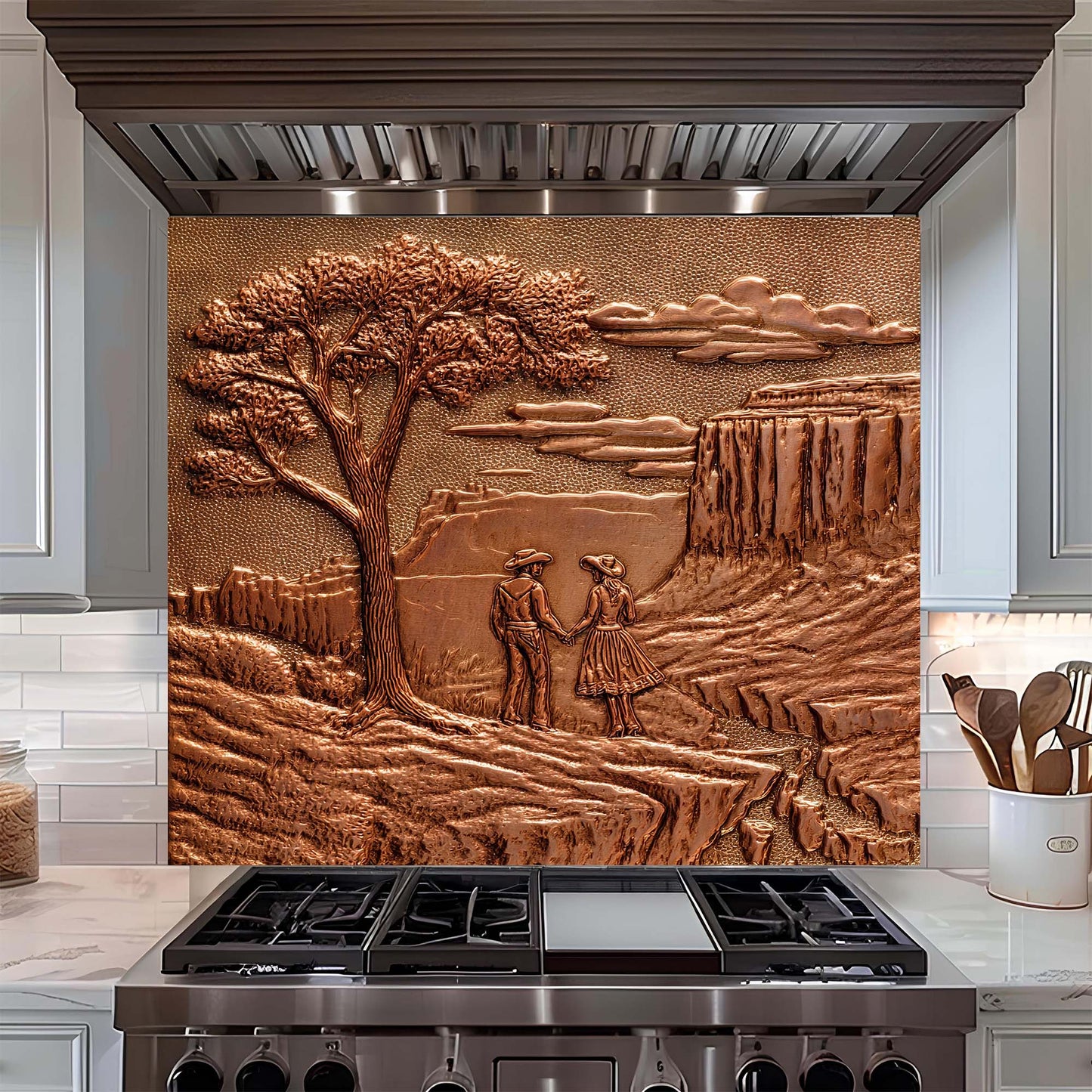 Decorative glass backsplash with a landscape design featuring a tree, couple, and canyon in a kitchen.