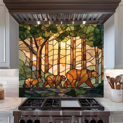 Stained glass backsplash with bears in a forest design above a stove in a kitchen.