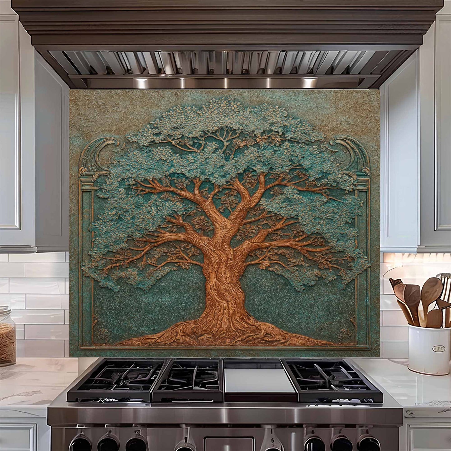 Decorative backsplash with a tree design above a stove in a kitchen.