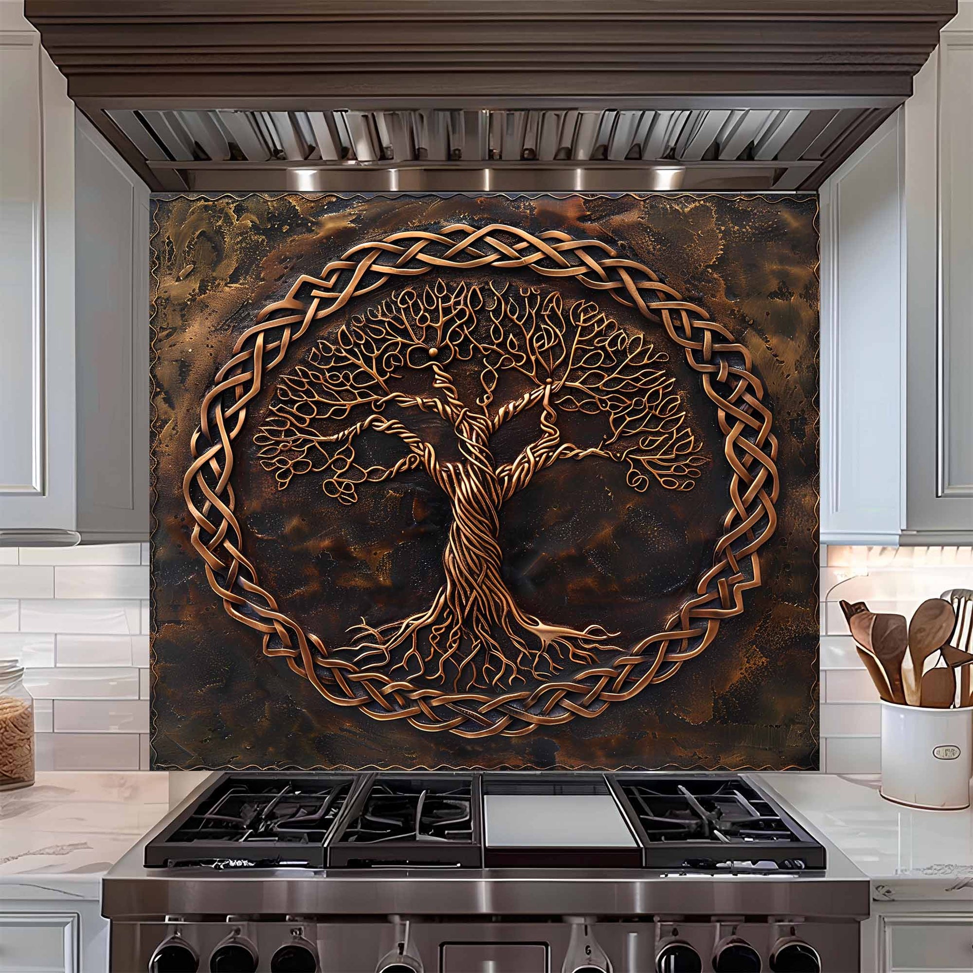 Decorative backsplash with tree design above a stove in a kitchen.