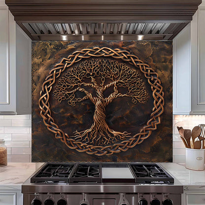Decorative backsplash with tree design above a stove in a kitchen.