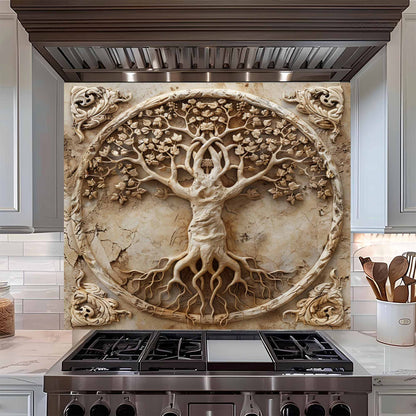 Decorative glass backsplash with tree design above a kitchen stove