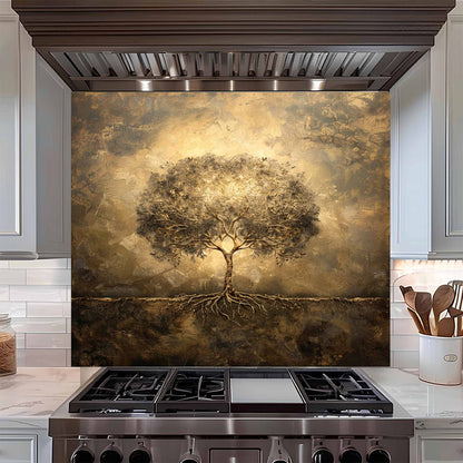 Stainless steel stove with decorative tree backsplash in a kitchen setting