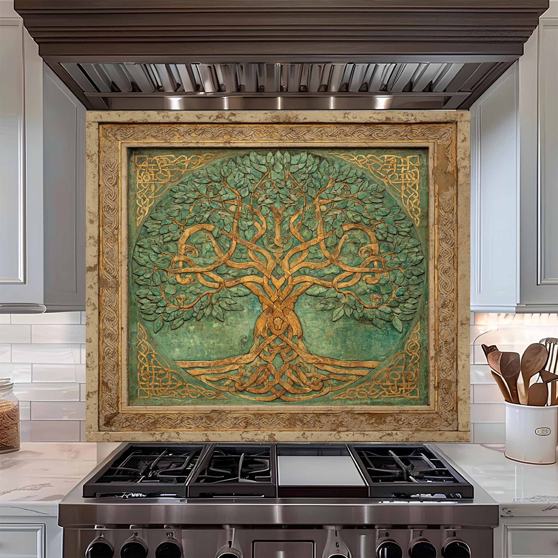 Decorative backsplash with a tree design above a stove in a kitchen.