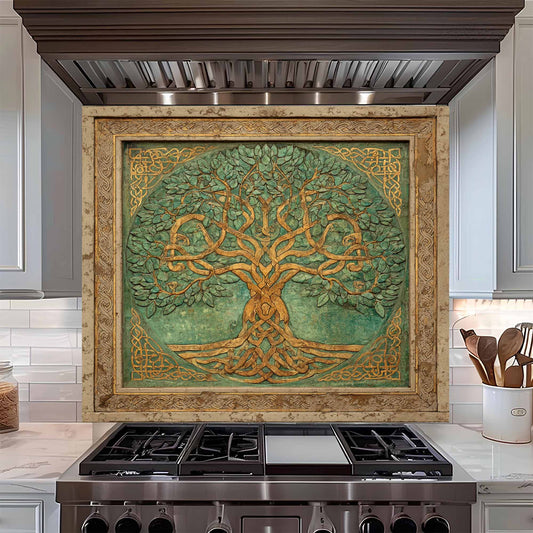 Decorative backsplash with a tree design above a stove in a kitchen.