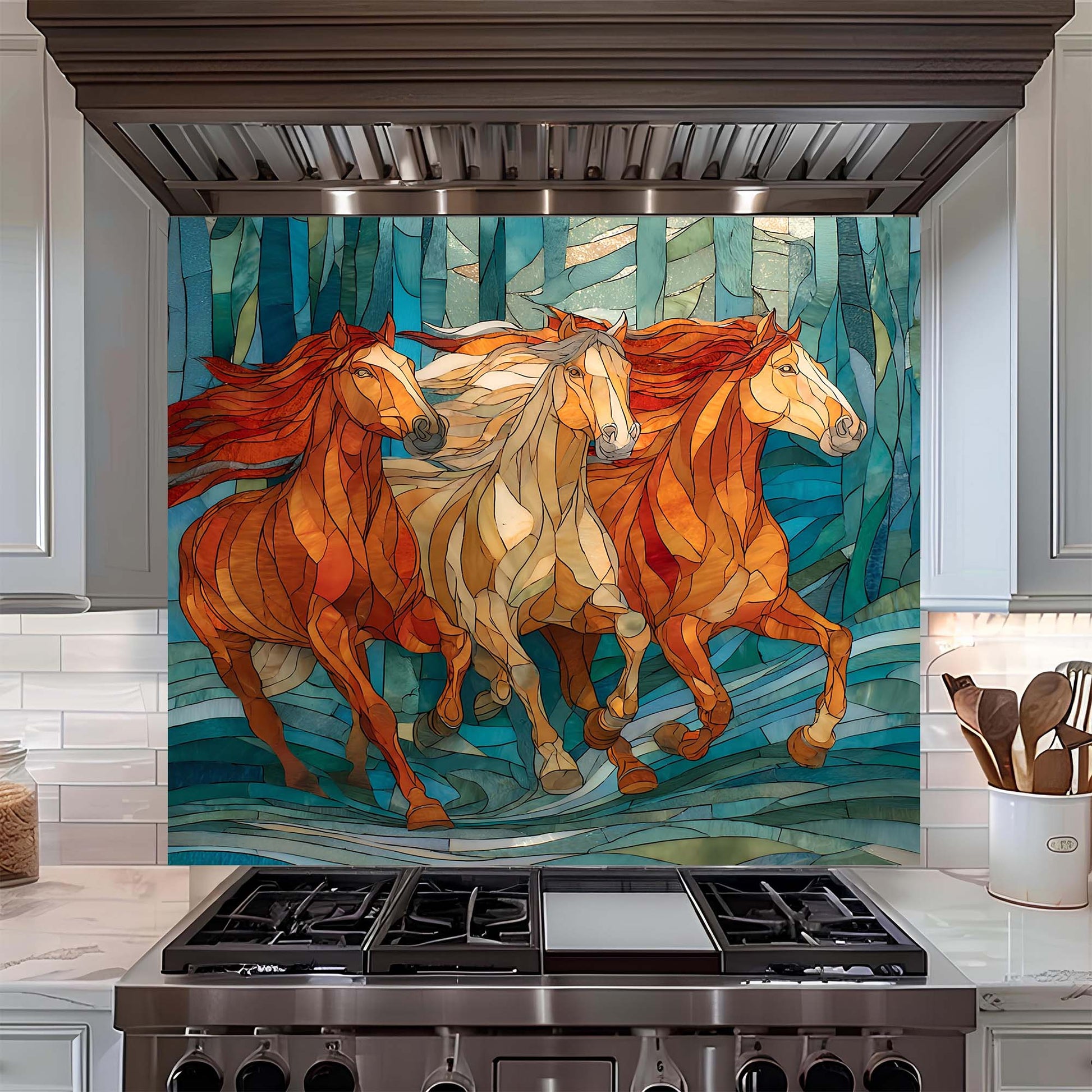 Three galloping horses in a stained glass forest design on tempered glass backsplash, adding motion, warmth, and artistic depth to kitchens.