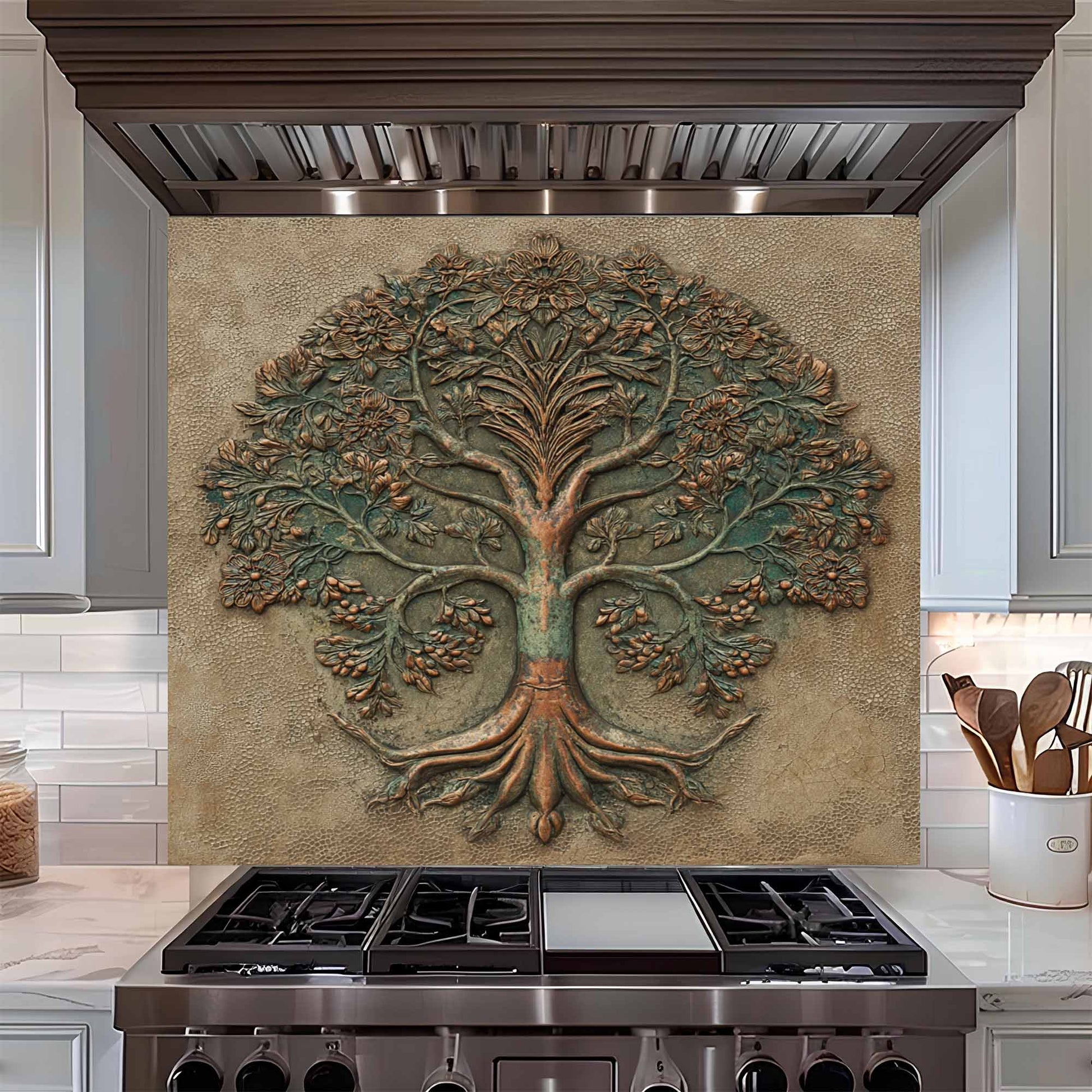 Decorative backsplash of a tree over a stove in a kitchen setting