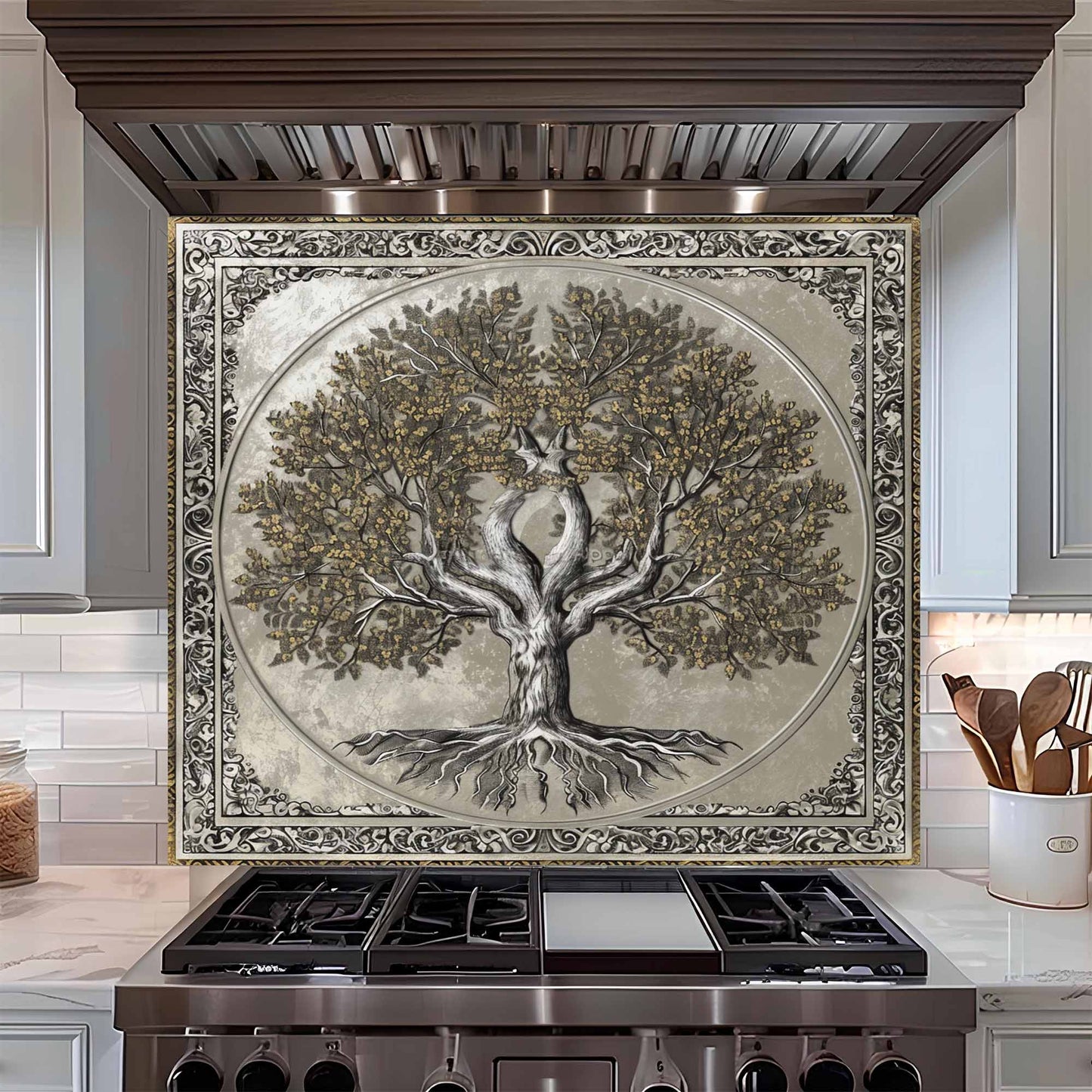 Decorative backsplash with a tree design above a stove in a kitchen.