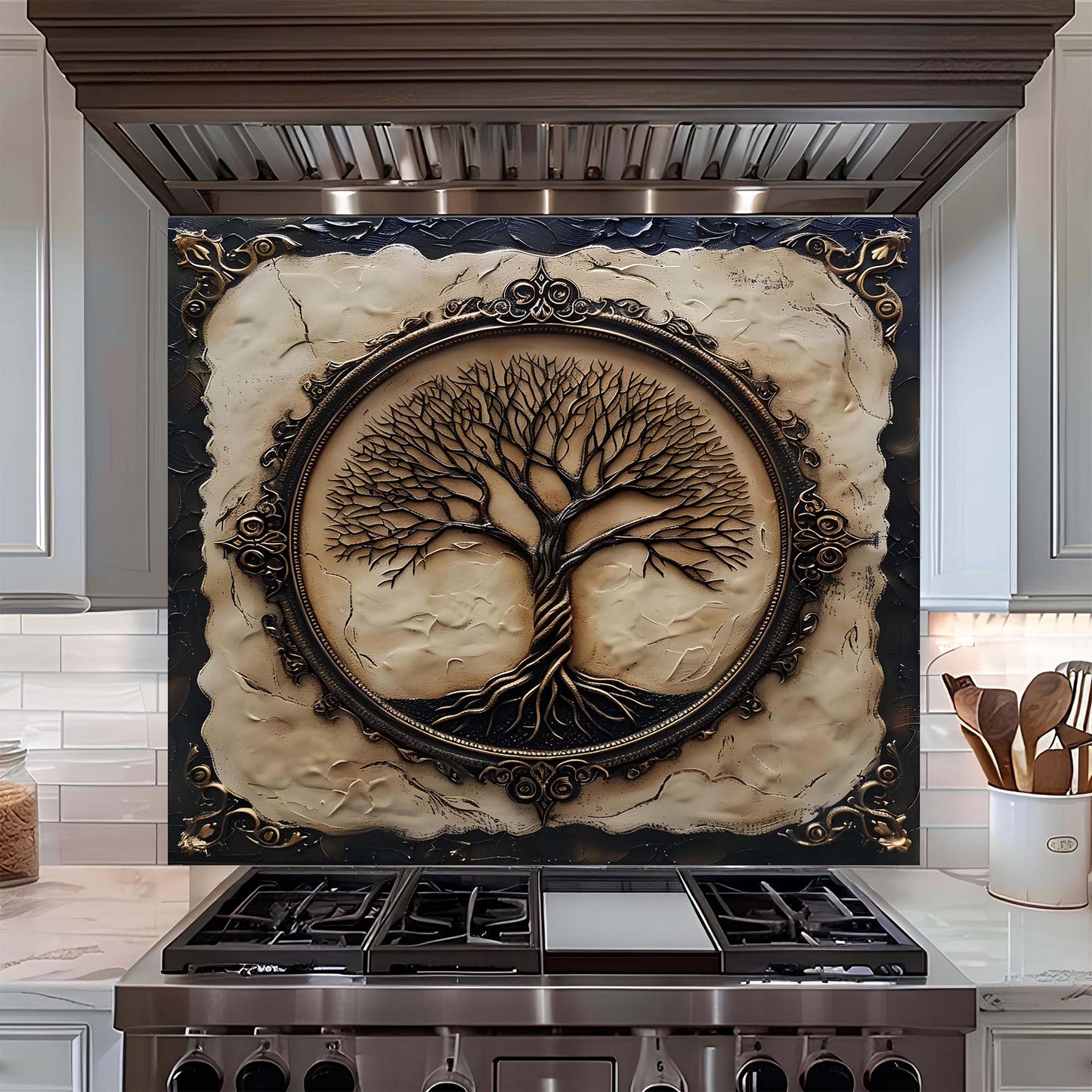 Decorative glass backsplash panel with tree design above a stove in a kitchen.