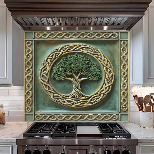 Decorative backsplash with a tree design above a stove in a kitchen.