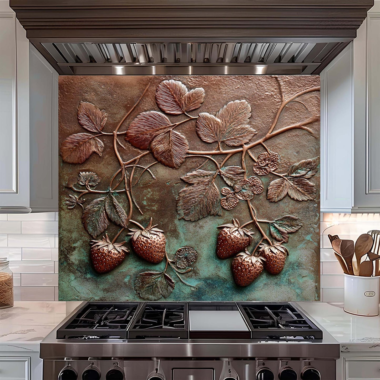 Decorative glass backsplash with leaf and strawberry design above a stove in a kitchen.
