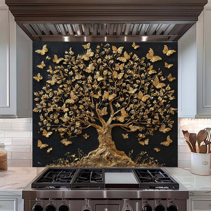 Decorative backsplash with a gold tree and butterflies in a kitchen setting.