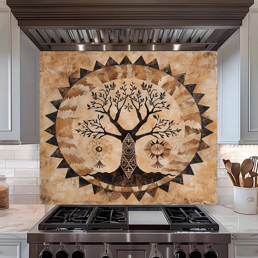 Decorative backsplash with tree design above a stove in a kitchen.