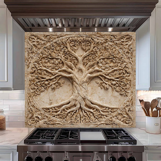 Decorative backsplash with tree design above a kitchen stove