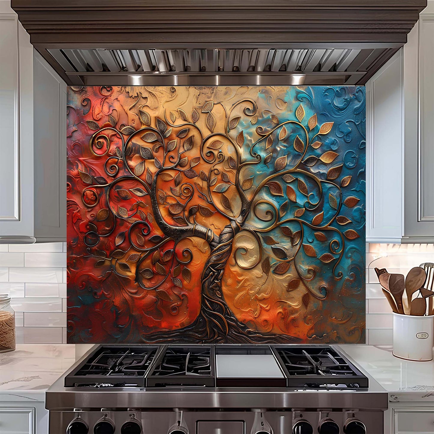 Decorative backsplash above a stove in a kitchen