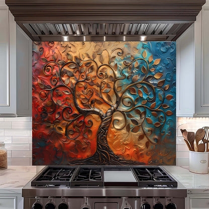 Decorative backsplash above a stove in a kitchen