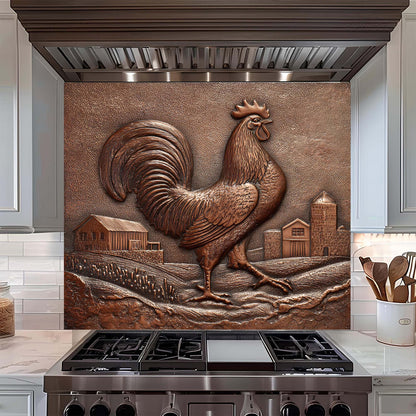 Decorative backsplash with a rooster design above a stove in a kitchen.