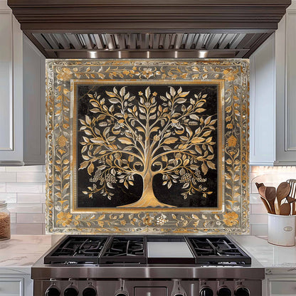 Tempered glass backsplash with a tree design above a stove in a kitchen.