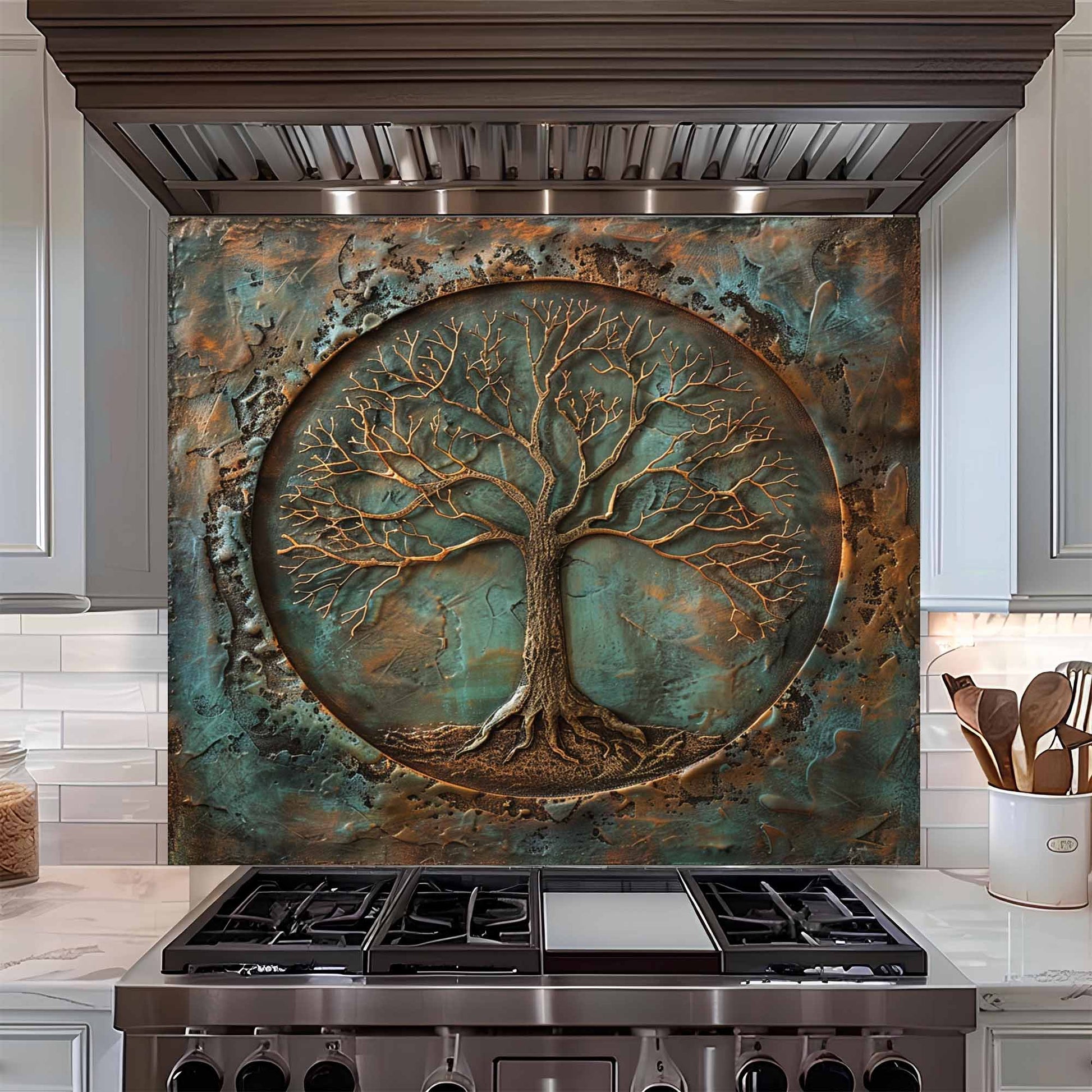 Decorative backsplash with tree design above a stove in a kitchen.