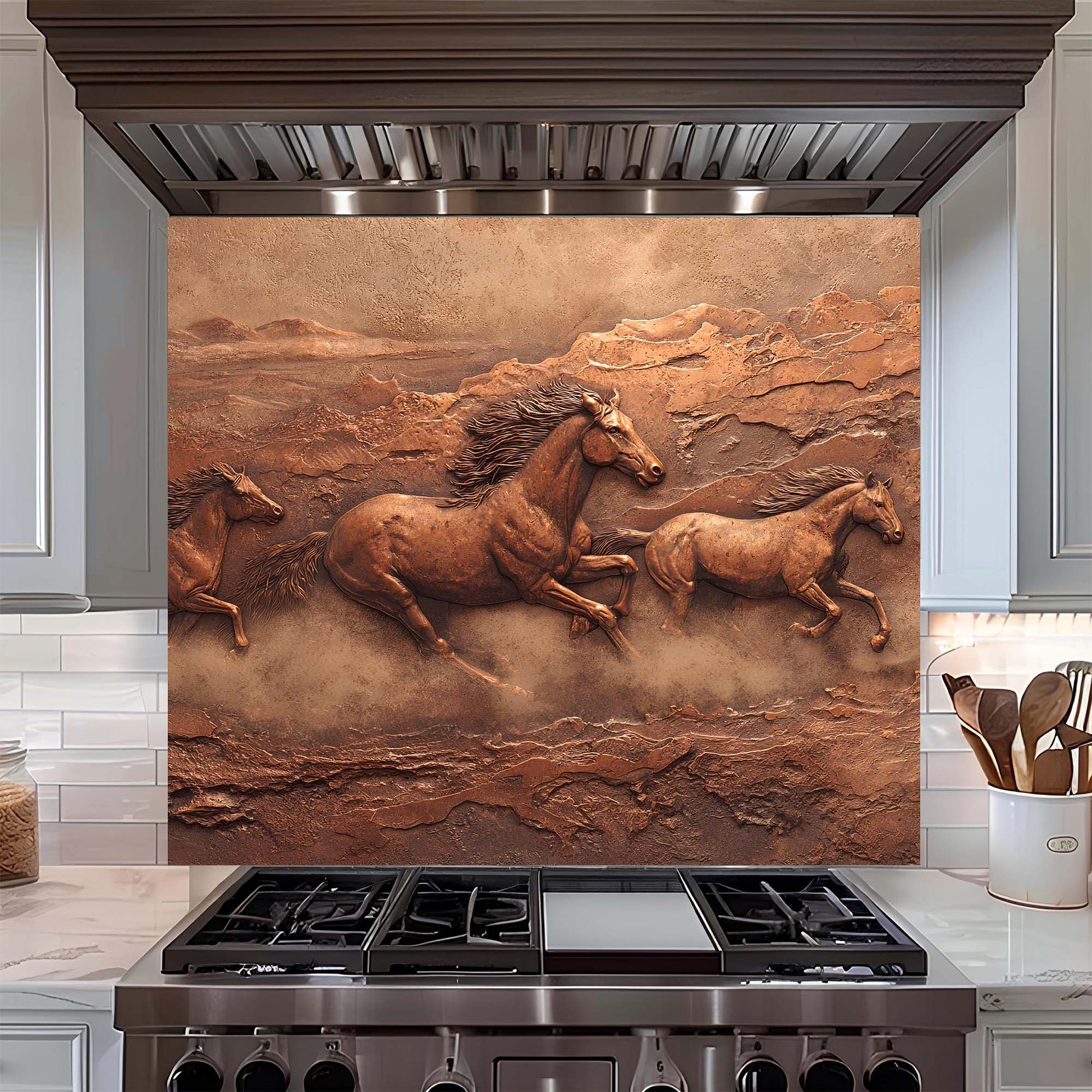 Decorative glass backsplash with running horses in a kitchen setting