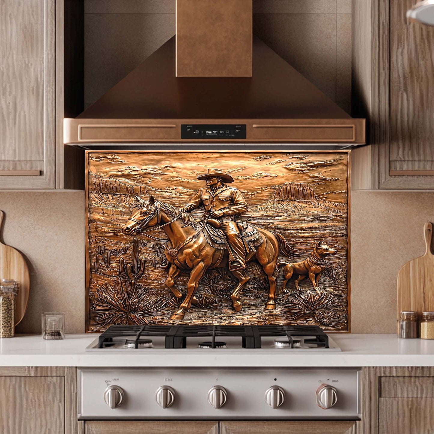 Copper western panel with cowboy on horse and dog in desert – tempered glass backsplash kitchen decor