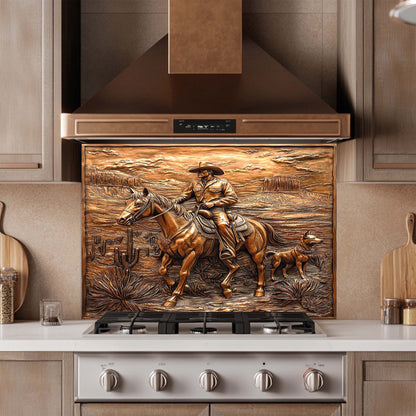 Copper western panel with cowboy on horse and dog in desert – tempered glass backsplash kitchen decor