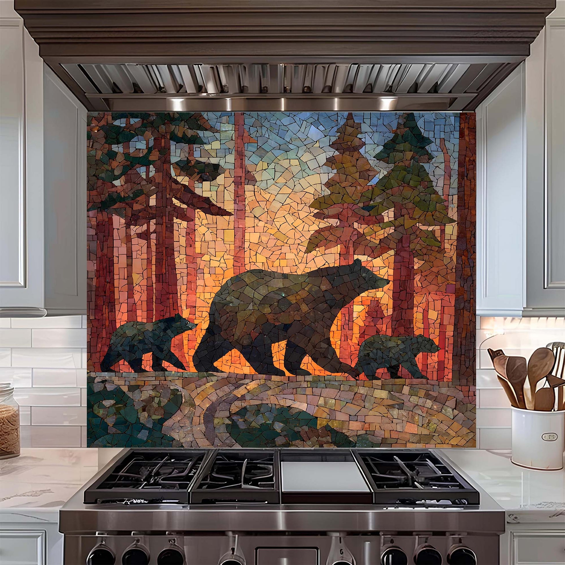 Kitchen stove with a decorative glass backsplash featuring bears in a forest scene.