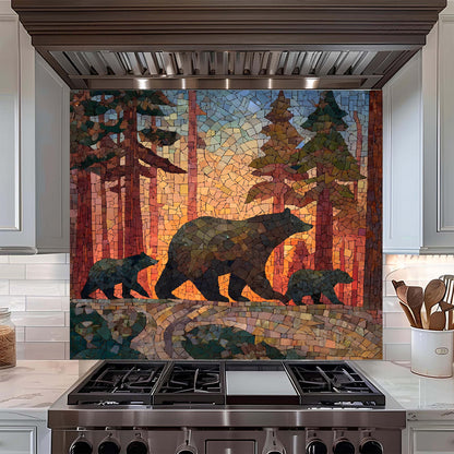 Kitchen stove with a decorative glass backsplash featuring bears in a forest scene.