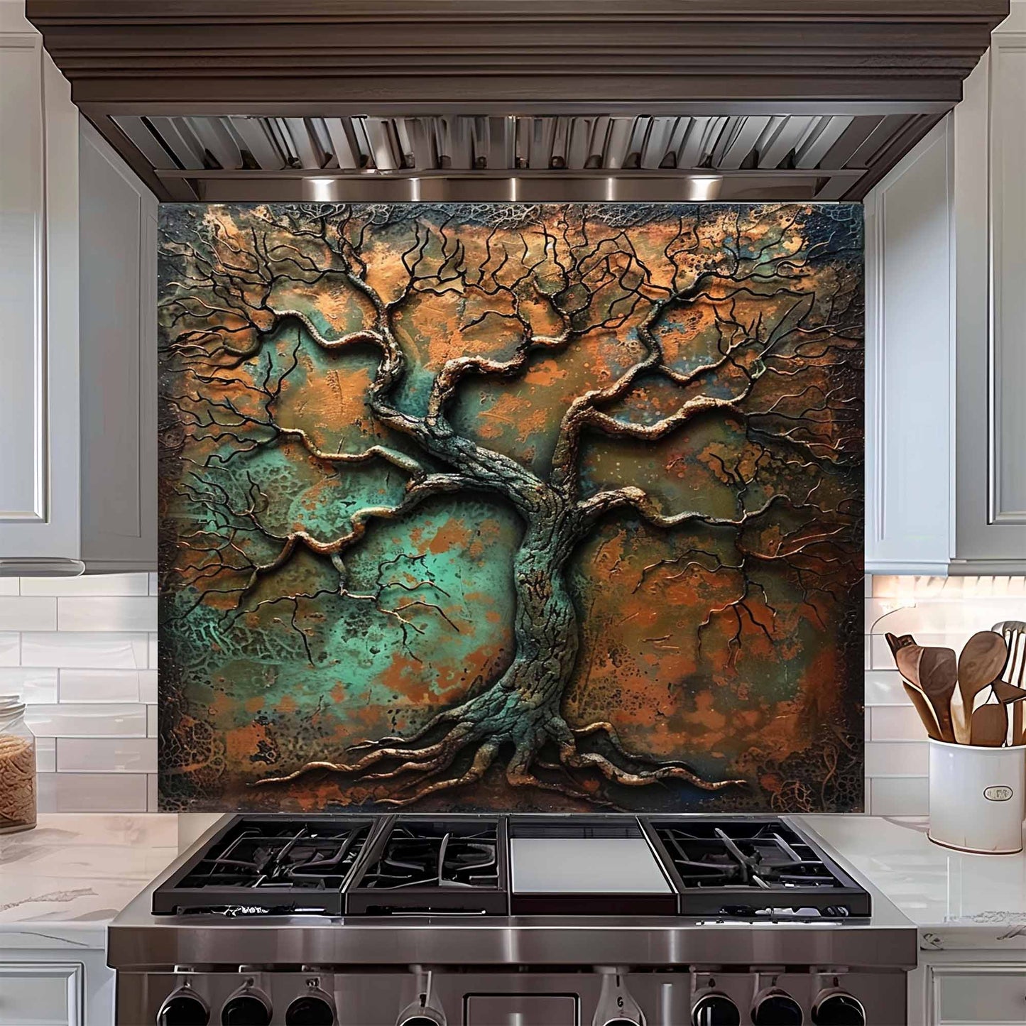 Decorative glass backsplash with tree design above a stove in a kitchen