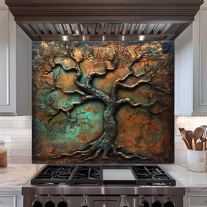 Decorative glass backsplash with tree design above a stove in a kitchen