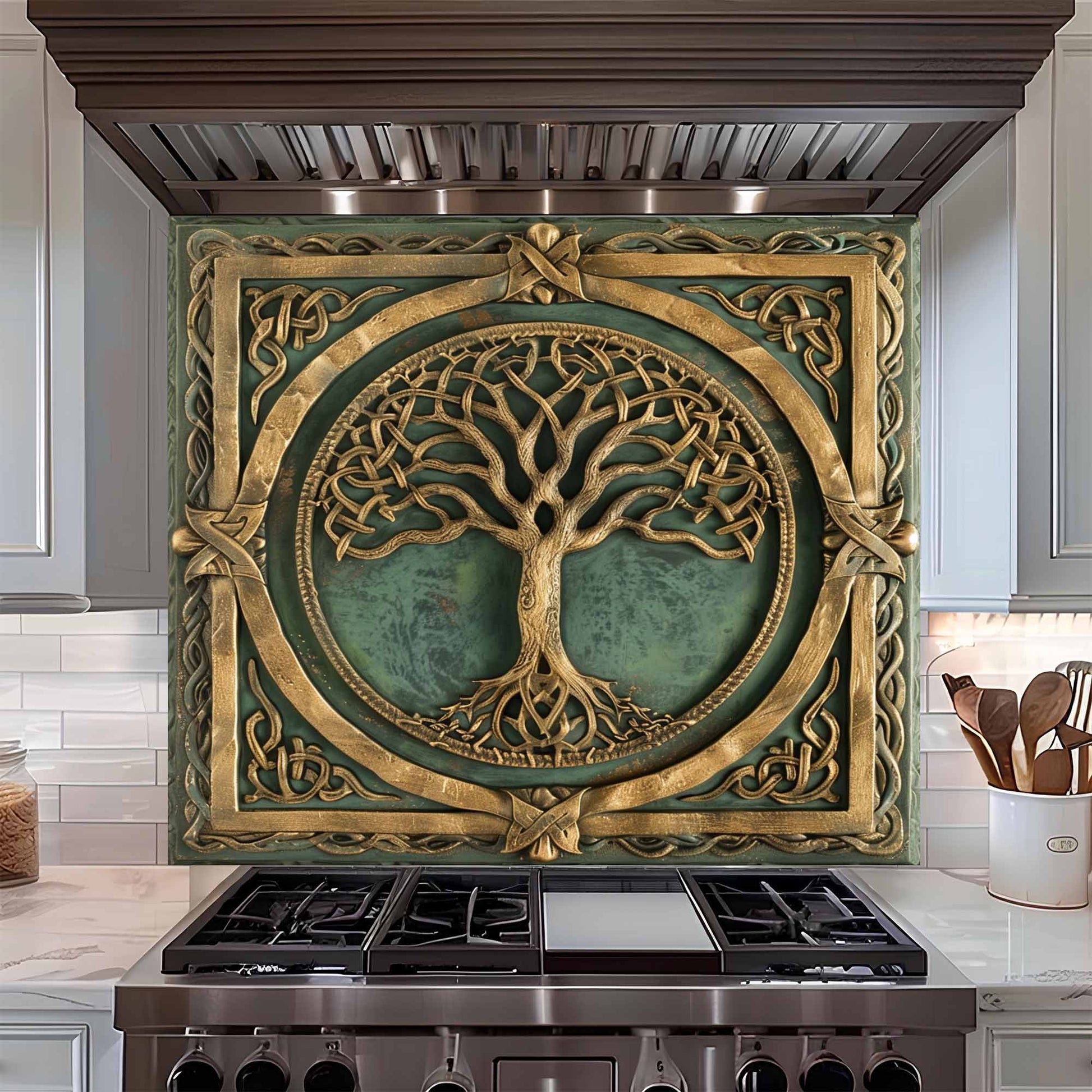 Decorative backsplash with tree design above a stove in a kitchen setting