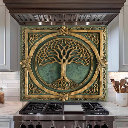 Decorative backsplash with tree design above a stove in a kitchen setting