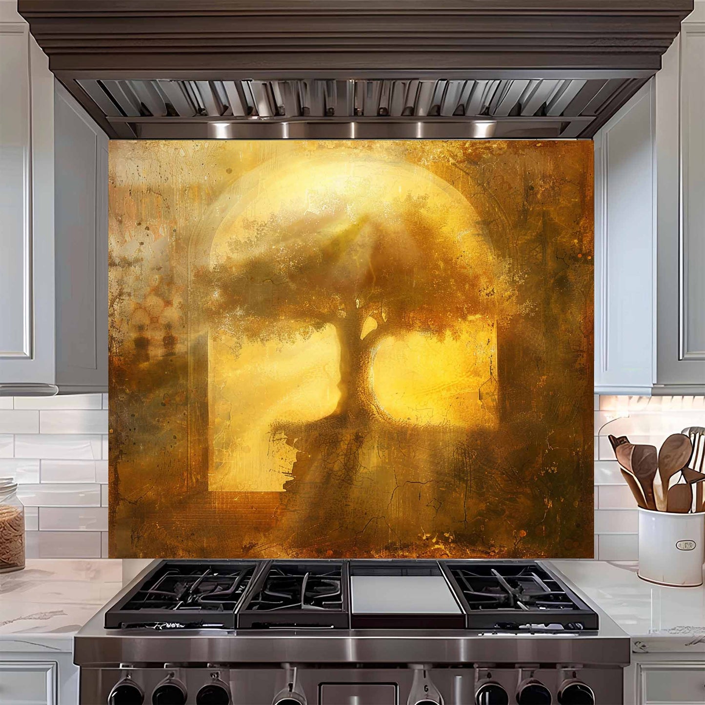 Stainless steel stove with artistic glass splashback featuring a tree design.
