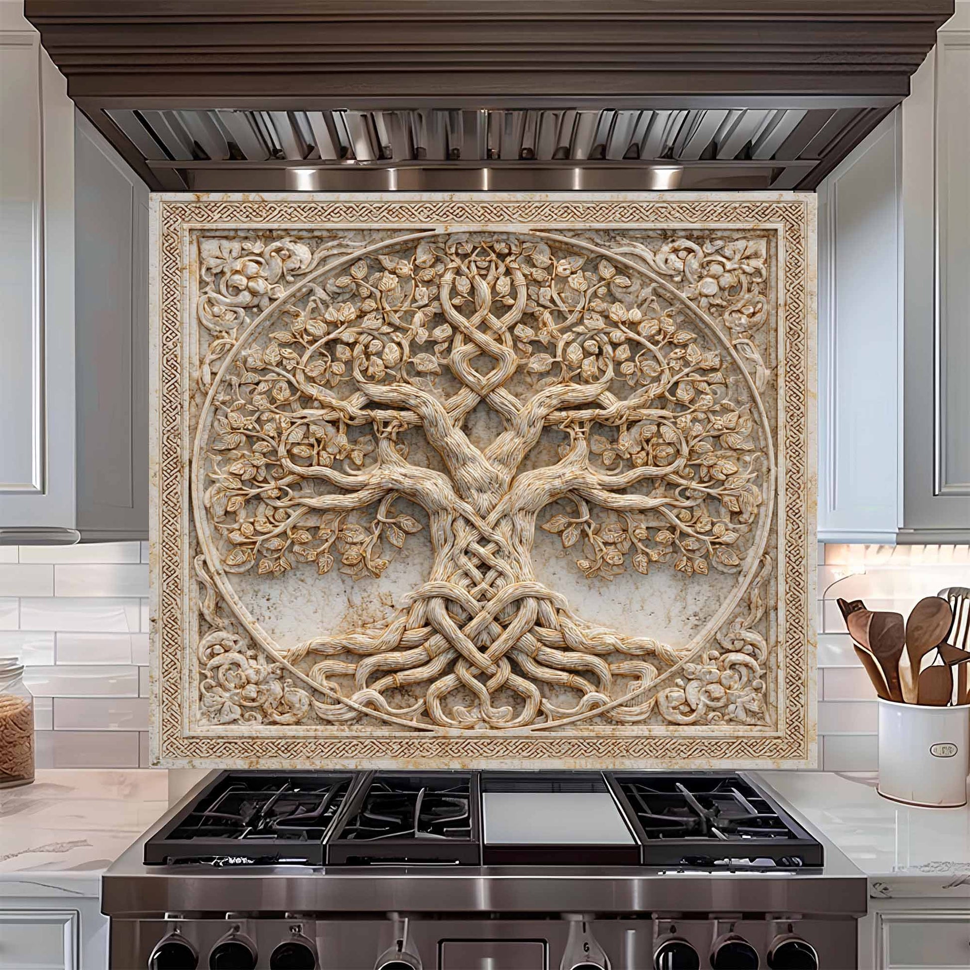 Decorative glass backsplash with tree design above a stove in a kitchen.