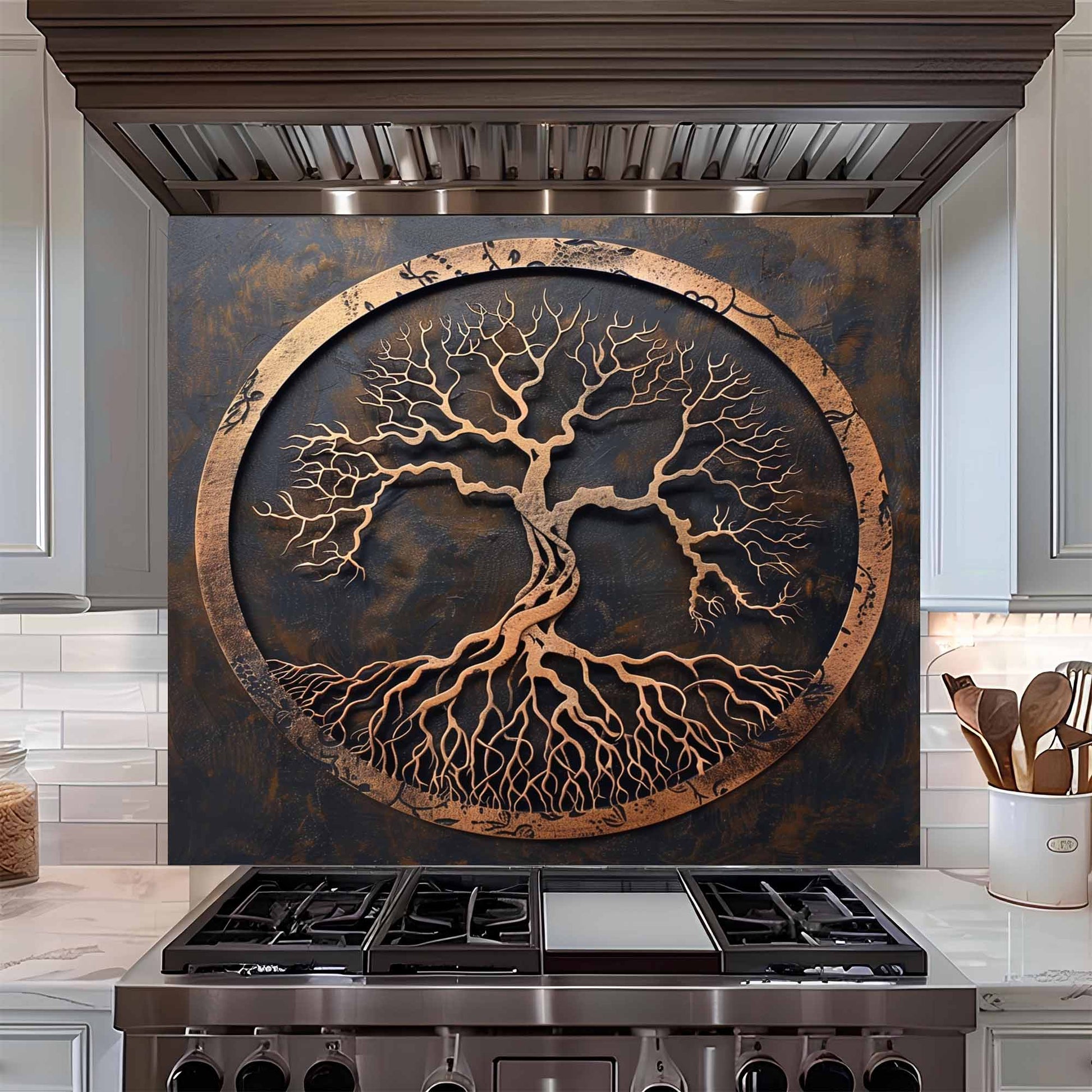 Tempered glass backsplash with tree design above a stove in a kitchen.