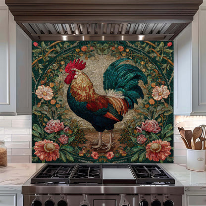 Decorative mosaic of a rooster on a kitchen backsplash with floral elements.