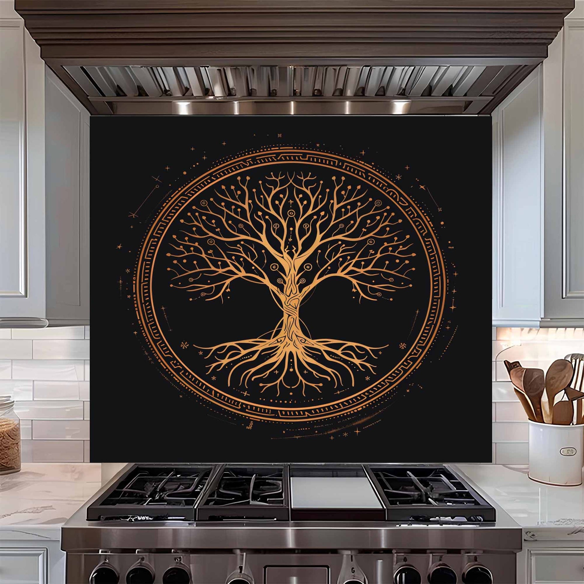 Kitchen stove with a decorative backsplash featuring a tree design on a black background.