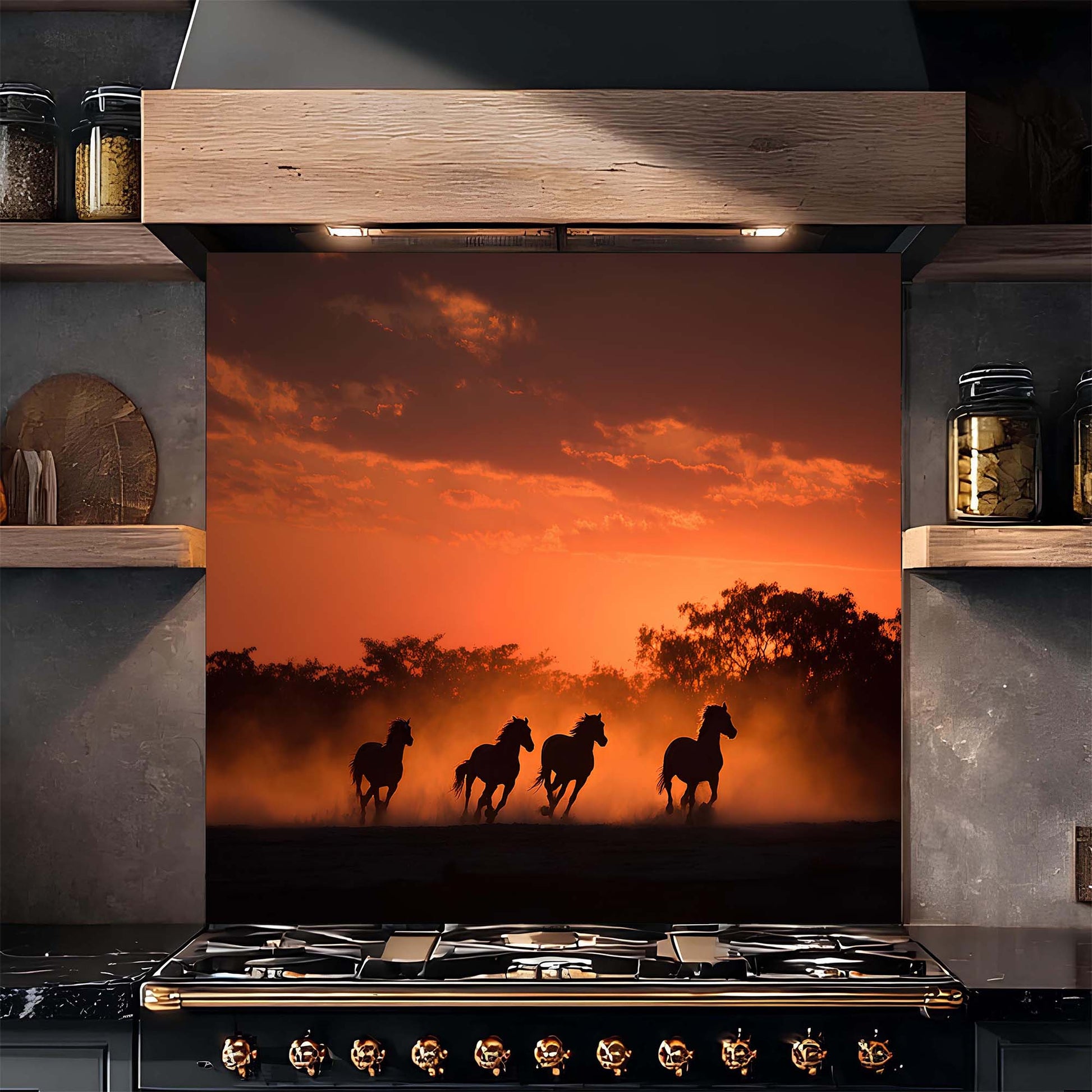 Kitchen stove with a decorative backsplash of horses running at sunset