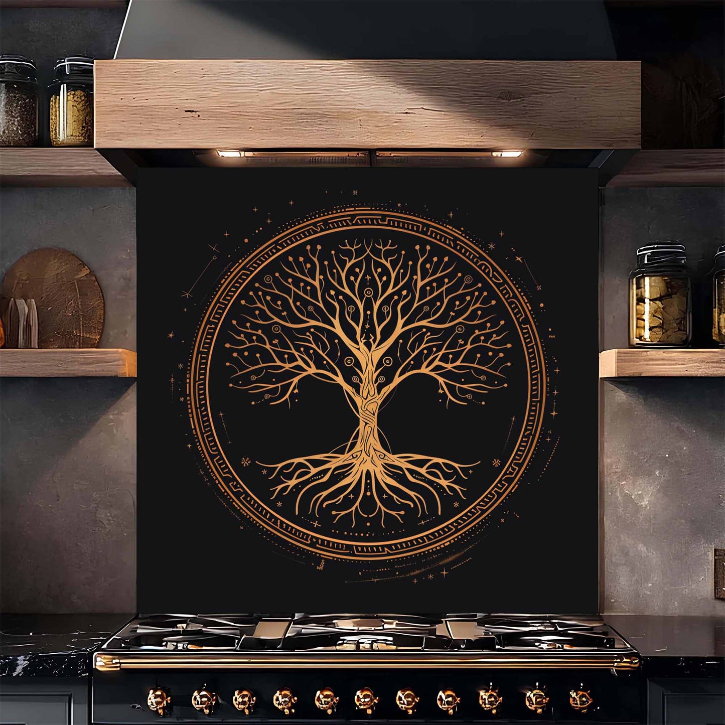Stainless steel stove with decorative backsplash tree design on a black background
