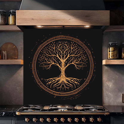 Stainless steel stove with decorative backsplash tree design on a black background