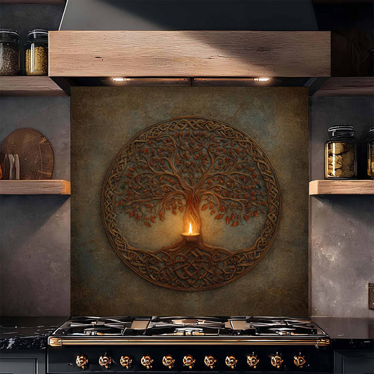 Decorative backsplash of a tree with a candle in a kitchen setting