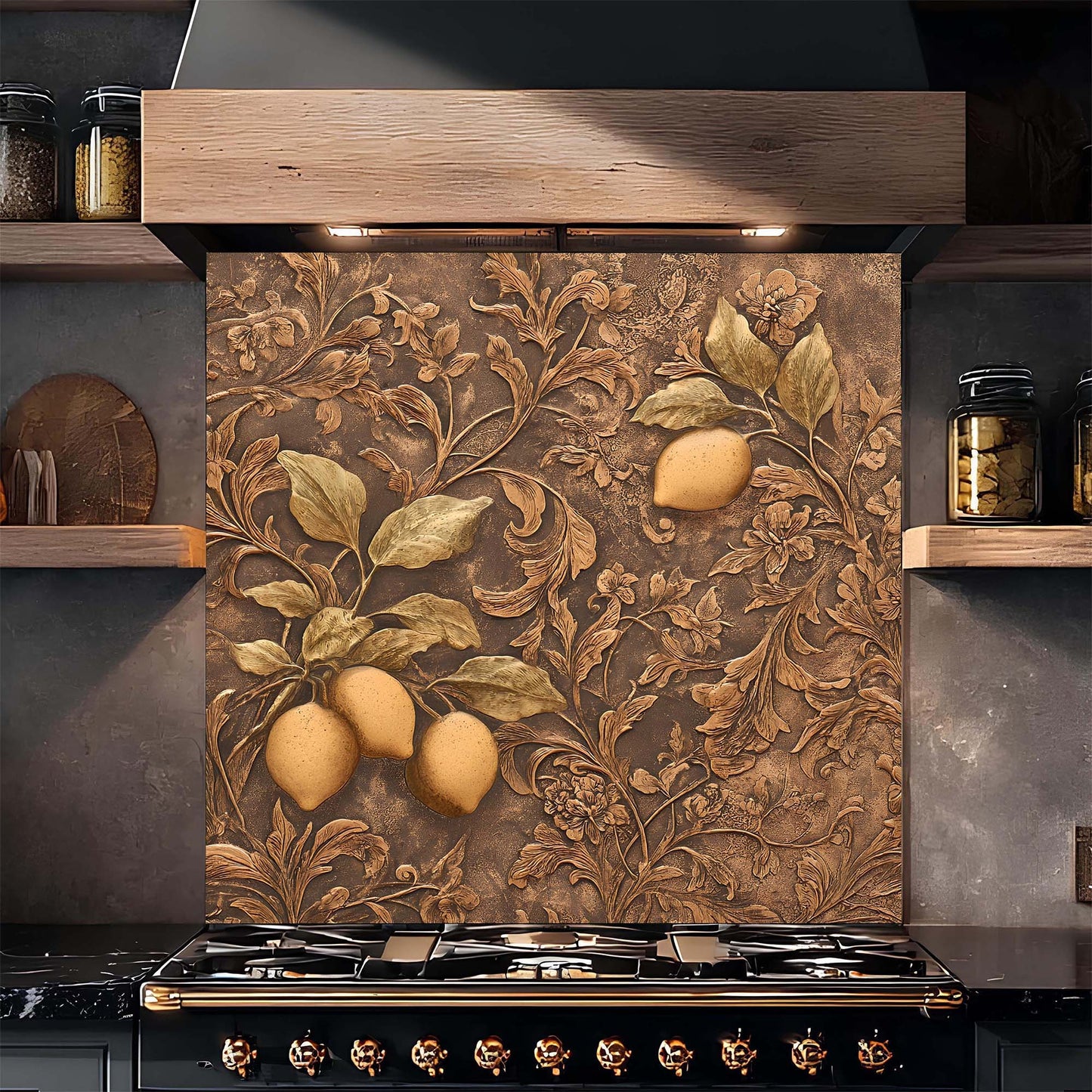 Decorative backsplash with lemon design above a stove in a kitchen.