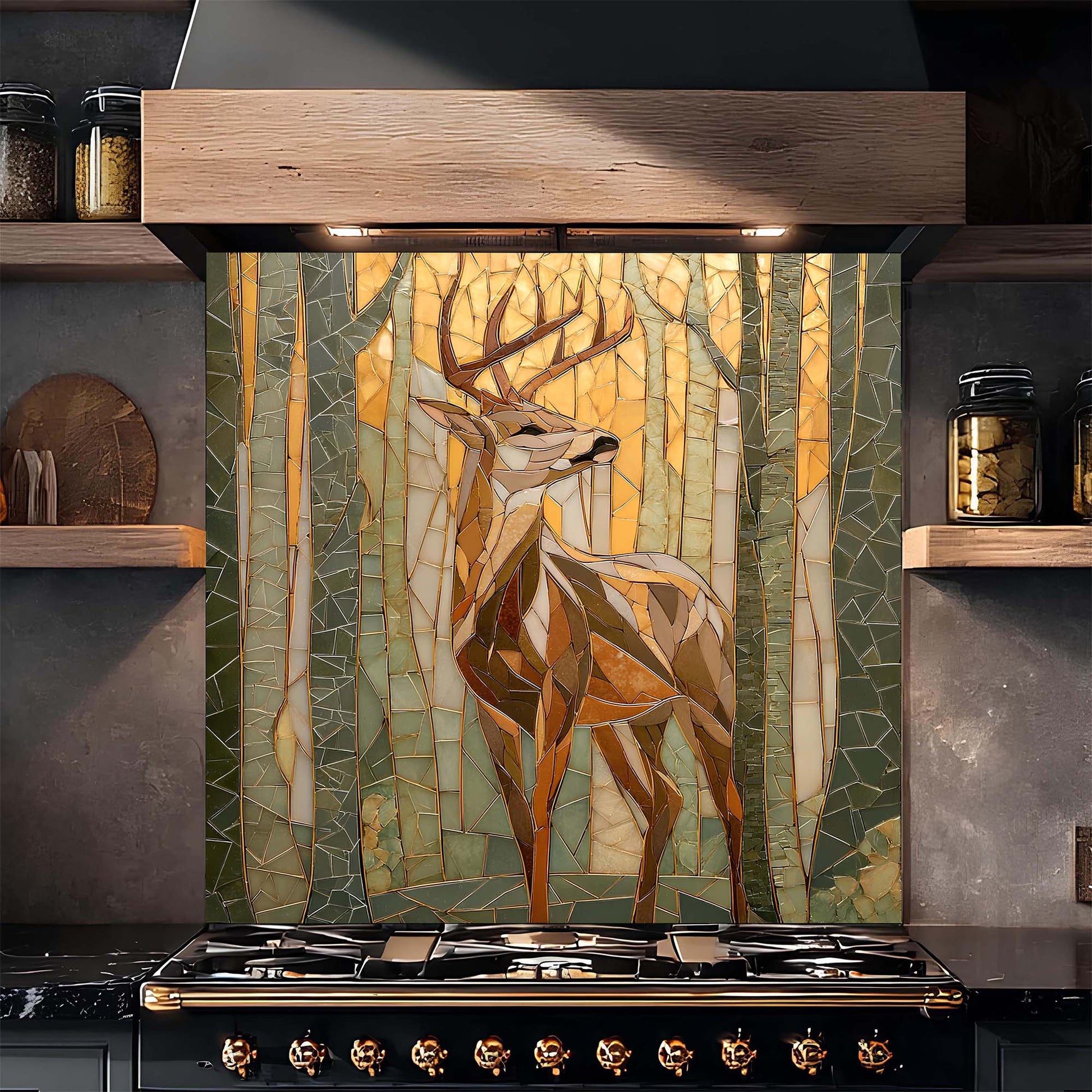 Stove with a decorative glass backsplash featuring a deer in a forest design.