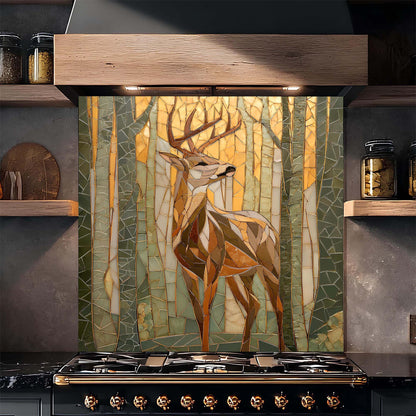 Stove with a decorative glass backsplash featuring a deer in a forest design.