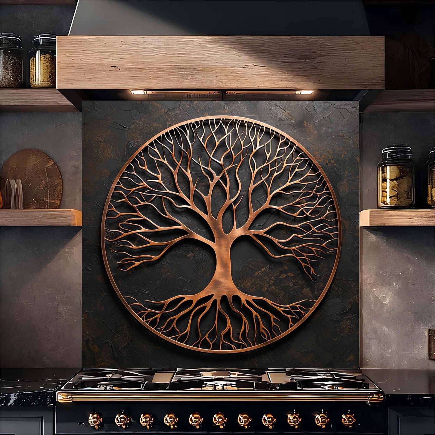 Decorative copper tree of life design on a kitchen backsplash with shelves and cooktop.